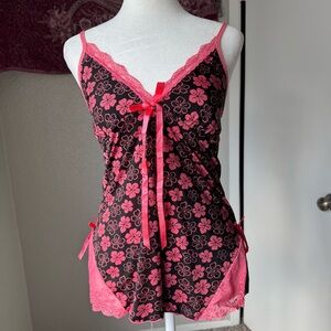 Floral Lace Chemise Pink Black Summer Y2K 2000s Women’s Small Ribbon Cami